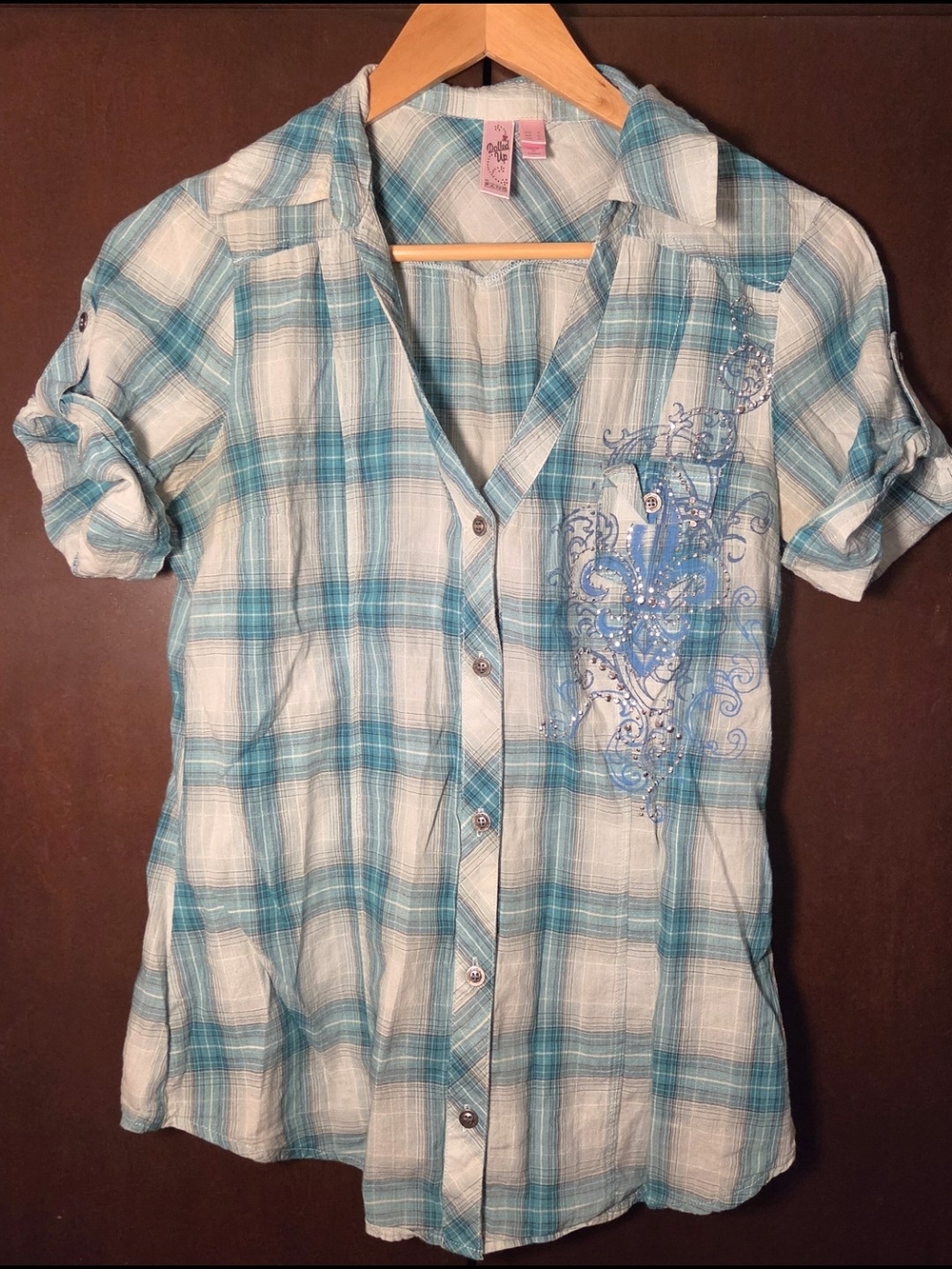 Dollcake Teal and White Plaid Button-Up Shirt Women Size Medium Juniors'